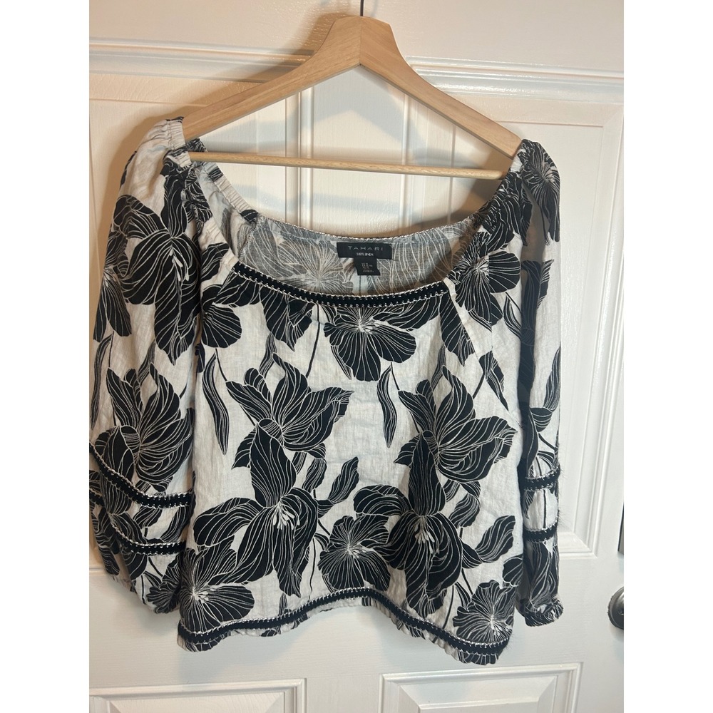 Tahari Blouse Black White Floral 100% Linen Metallic Trim Square Neck Top XL